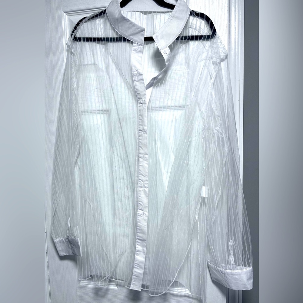 Women’s Sheer Pinstriped Tuxedo Shirt (White)